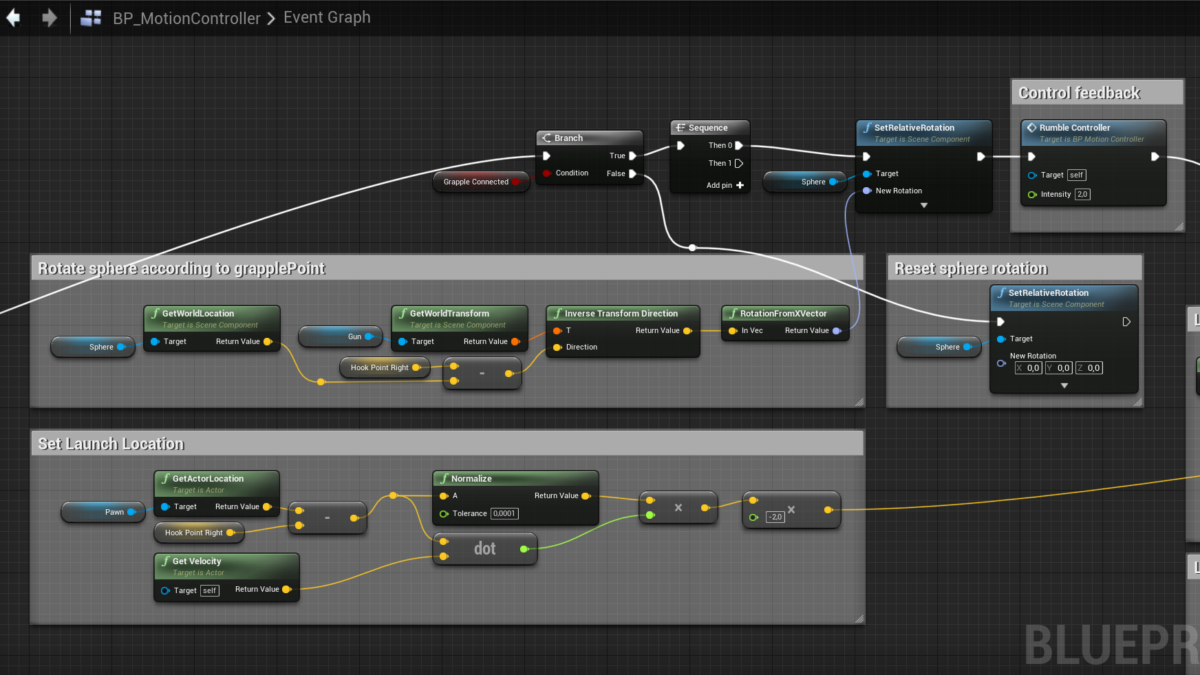 Sphere rotation, launch location calculation, and controller feedback